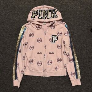 Victorias Secret Pink Graphic LIMITED ED BLING Sequin Zip Hoodie Size Medium
